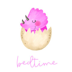 Newborn baby dinosaur and egg. Baby girl birth cartoon watercolor illustration. Hand drawn cartoon poster for baby room nursery. Card and banner print