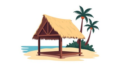 Thatched beach hut with palm trees by water, tropical paradise