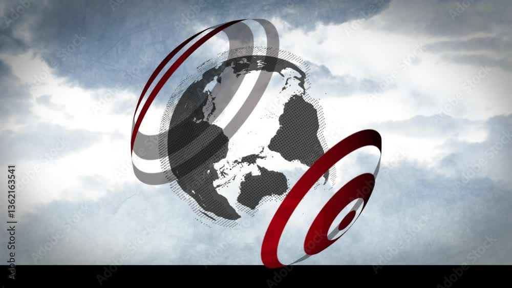 Wall mural rotating globe with red and white rings in cloudy sky animation background