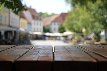 Weathered Wooden Table Top Texture with Blurred Cityscape and Green Trees View