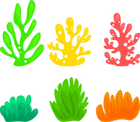 A fun and vibrant set of cartoon coral and seaweed illustrations in various colors, perfect for marine-themed designs, children's illustrations, underwater projects, posters, stickers