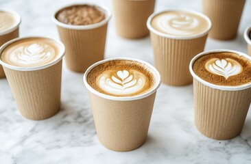 Assortment of Coffee Drinks in Disposable Cups on Marble Surface