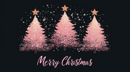 Vector design of three Christmas trees with pink glitter and sparkle, the text "Merry Christmas" in rose gold