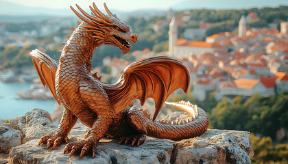 Bronze dragon sits atop stone overlooking city and blue water
