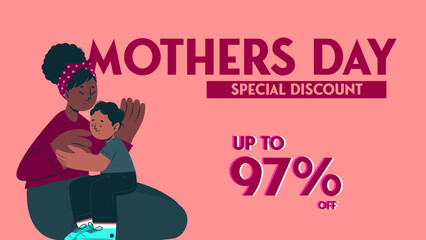 Up to 97% discount,' featuring a mother and child hugging against an illustrated pink background.