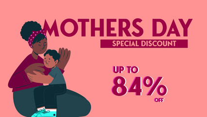 Up to 84% discount,' featuring a mother and child hugging against an illustrated pink background.