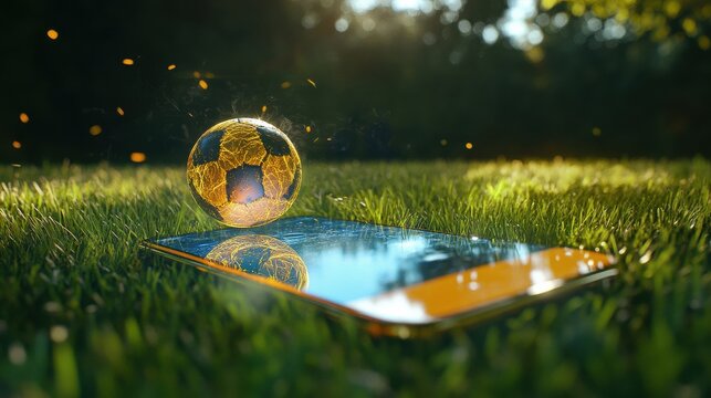 soccer ball appears to emerge from a smartphone screen on a grassy field, symbolizing the integration of technology and sports illustration