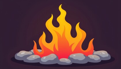 Crackling campfire with bright flames in stone circle, warmth and comfort