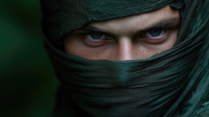 Naklejka premium Close-up of a young person, intense gaze, concealed face, mysterious