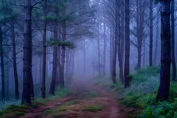 Obraz premium Misty forest path winding through tall trees 