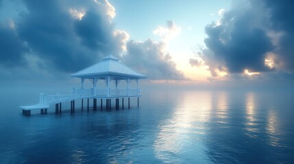 Serene Gazebo Over Tranquil Ocean at Sunset