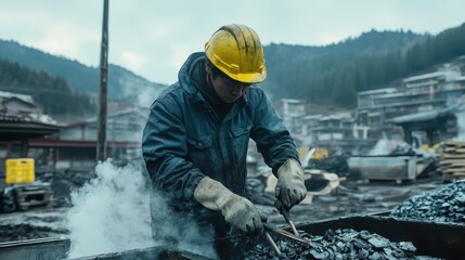 Worker tending charcoal in a mountain village