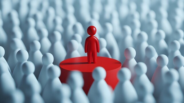 Unique Red Figure Standing Out from Crowd of White Figures 3D Render