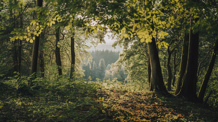 Obraz premium Autumn morning in the misty forest with colorful leaves and golden trees along a peaceful path