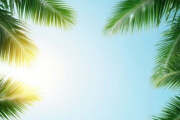 Fototapeta premium A serene view of palm leaves framing a bright sky, suggesting a tropical paradise atmosphere.