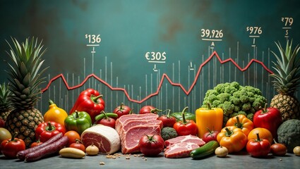 Conceptual image depicting inflation and rising food prices, featuring fresh vegetables, fruits, and meat with economic growth charts in the background.