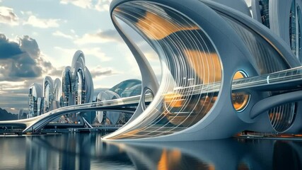 Innovative architecture showcases futuristic designs along a serene waterfront at sunset