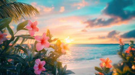 Pink flowers bloom on a beach during a beautiful sunset sky scene