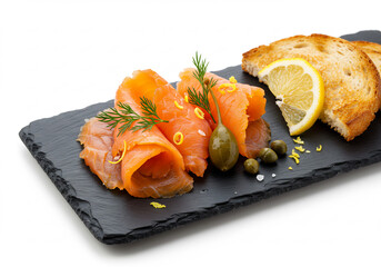 Smoked Salmon Appetizer with Capers and Lemon on Black Slate Plate