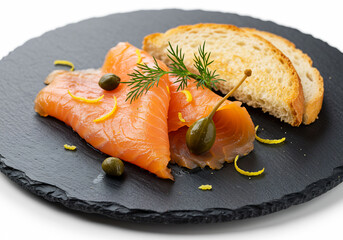 Smoked Salmon Appetizer with Toasted Bread and Capers on Black Slate Plate