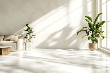 Minimalist Interior with Marble Floor, Bright Sunlight, Beige Sofa & Green Plants