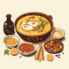 Traditional asian soup with egg and herbs in a decorative ceramic bowl, surrounded by various appetizers and sauces. Vector illustration in vintage style.