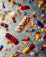 Capsules and pills float mid-air, suspended, on a soft, calming blue background