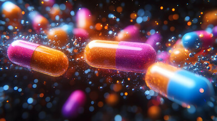 Capsules float among blue, orange, and violet dots Macro shot