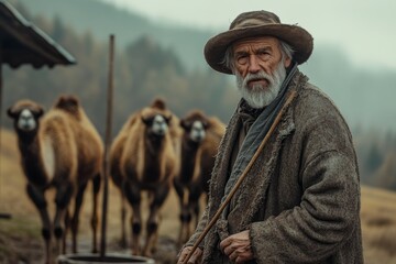 elderly shepherd with rugged coat standing near camels in misty mountain village setting