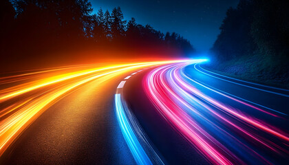 Car light streaks on a road at night through dark trees with bright orange and blue glow