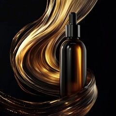Naklejka premium Elegant glass bottle of hair oil surrounded by flowing golden hair strands on dark background
