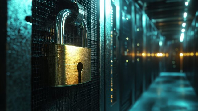 Metal padlock in a data center, safeguarding sensitive information.