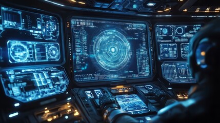 Fototapeta premium Interior of a spaceship, robotic assistants, space communication consoles, and futuristic designs