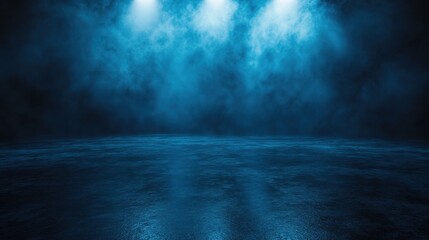 Fototapeta premium Dark street, wet asphalt, reflections of rays in the water. Abstract dark blue background, smoke, smog. Empty dark scene, neon light, spotlights. Concrete floor illustration