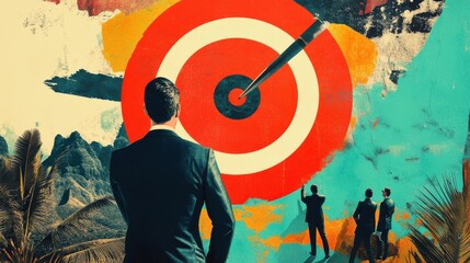 High contrast art collage depicting brand positioning strategies with a circular target, symbolizing strategic marketing approaches and business growth. illustration