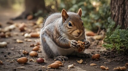 A squirrel eating on the ground.generative.ai