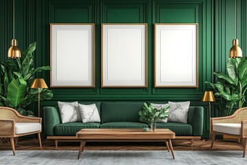 Emerald Green Wall Interior with Mockup Frames, Sofa, Rattan Chair, and Golden Accents