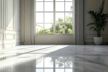 Fototapeta premium Bright Interior With Marble Floor, Window, and Plant, Natural Light, Classic Design