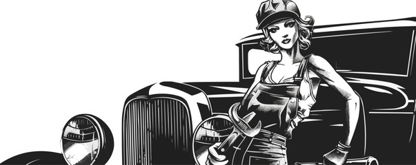 Young caucasian female mechanic in vintage car art with wrench and cap.