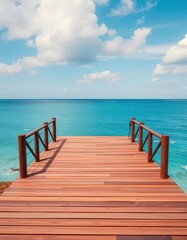 Obraz premium Elevated wooden platform overlooking serene blue ocean and sky, paradise, escape