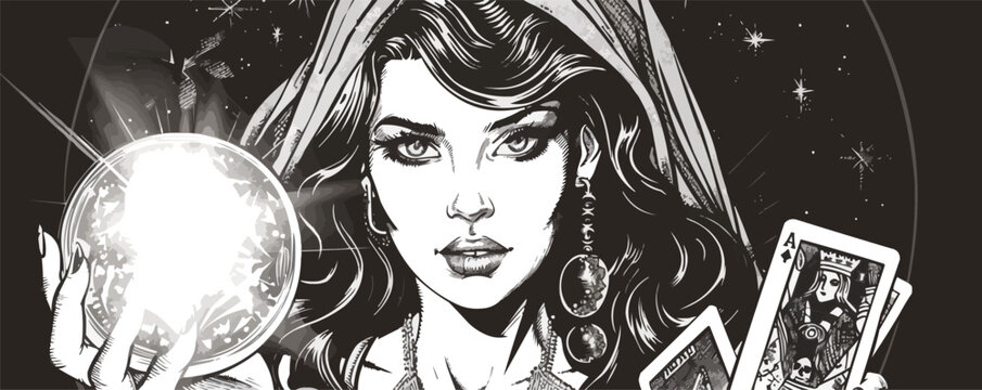 Mysterious female tarot reader holding cards and crystal ball in black and white.