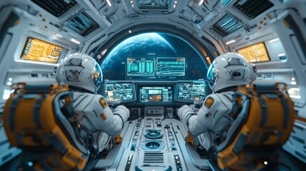 Interior of a spaceship, tech-infused astronaut pods, floating holographic screens, and digital touchpads 