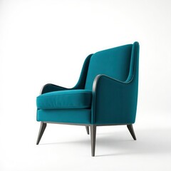 Obraz premium Elegant teal armchair with smooth curves and wooden legs, exuding a modern and stylish vibe in a minimalist setting.