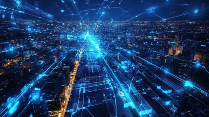 Obraz premium Cityscape at night with digital network overlay. Possible use Stock photo for technology, innovation, or future concepts