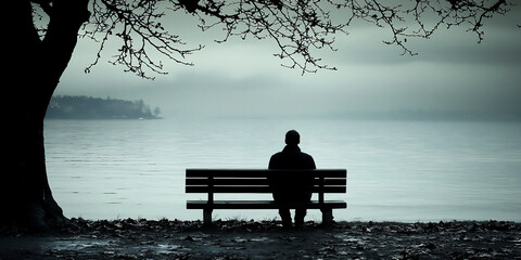 a wide shot of a person sitting alone on a park bench, with their head bowed and their shoulders slumped, conveying a sense of loneliness and sadness.