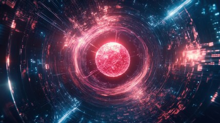 Fototapeta premium A glowing quantum particle in a vacuum chamber, surrounded by holographic data streams.