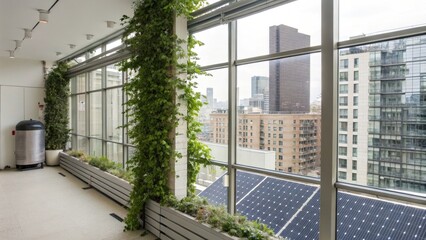 Sustainable living and zero waste inovation concept. Modern interior featuring large windows, greenery, and a cityscape view.
