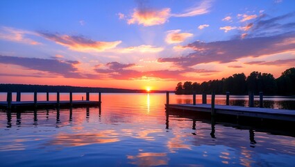 Obraz premium Serene sunset over lake with dock reflections