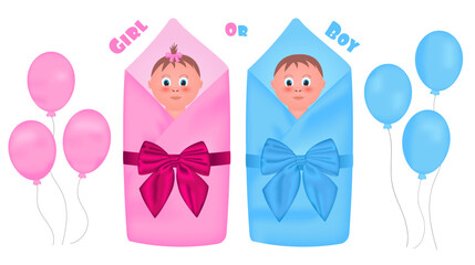 newborn boy and girl in an envelope for discharge, a card for a gender party with babies and balloons