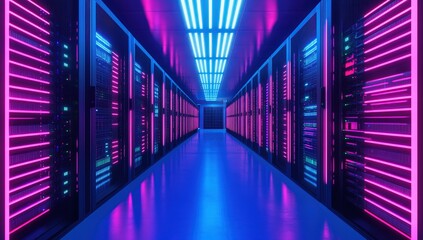 Fototapeta premium Futuristic Server Room with Neon Lights and Reflective Floor